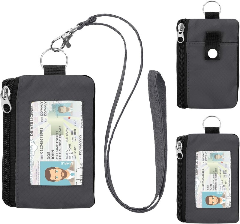 ZHOMA Minimalist RFID Wallet with Lanyard, Multi-Functional ID Case with 2 Zipper Pockets and Key Chain for Men and Women, Tactical Badge Pouch Cards Holder, Coin Purse for Travel Sports-Gray - Image 1